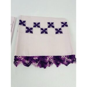 Vintage Cross Stitched Pillowcases Pink w/Purple Stitching 33 x 20